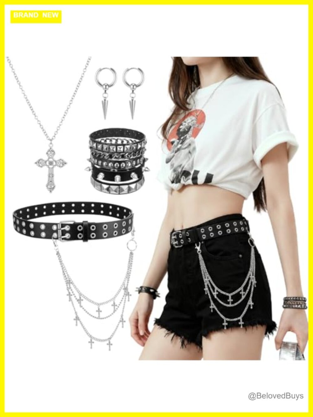 JATEBI 8Pc Studded PU Leather Belt Set Star Chain Y2K Punk